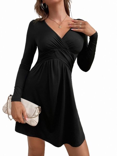 

surplice neck a-line dress f3ti#, Black;gray