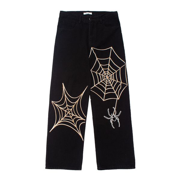 

y2k men casual harajuku black alt spider web hip hop jeans gothic fairy grunge straight wide leg pants streetwear clothes, Blue