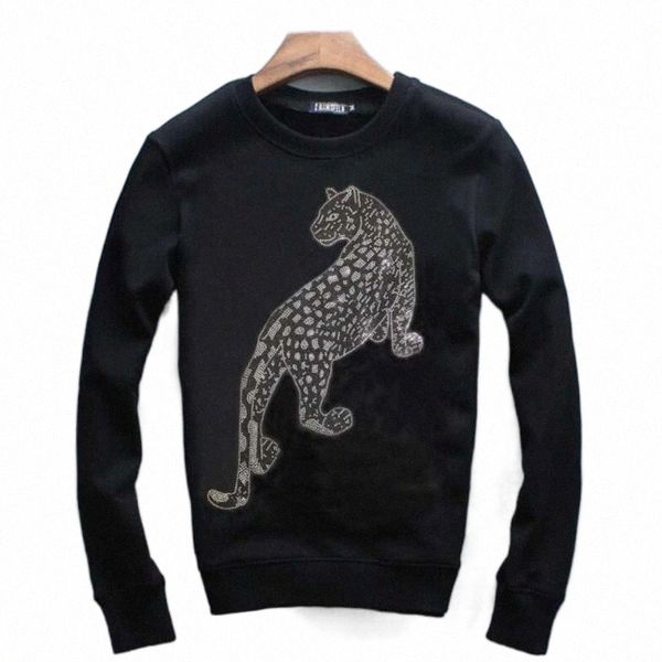 

men's hoodies & sweatshirts autumn and winter leopard rhinestone loose comfortable sweatshirt casual cotton fashion round neck hoodie k, Black