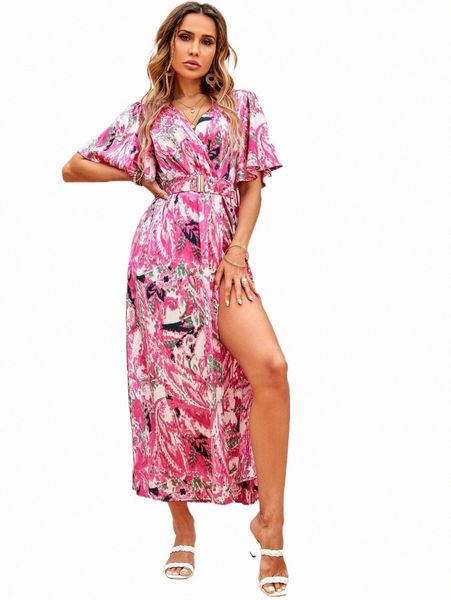 

allover print split thigh belted dress g5xn#, Black;gray