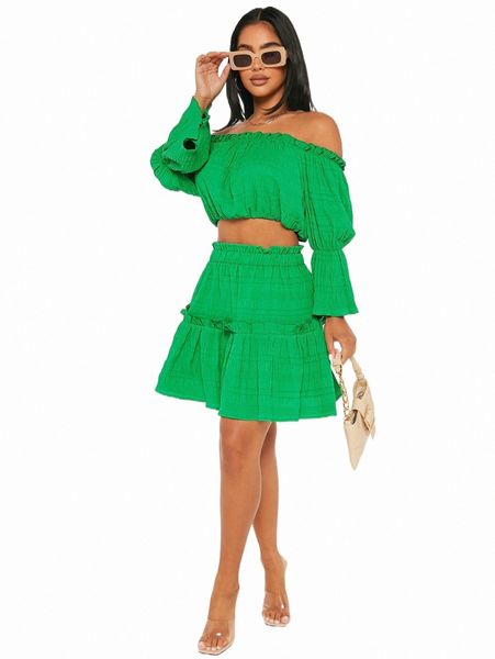 

petite off shoulder frill trim crop & skirt 20c2#, White