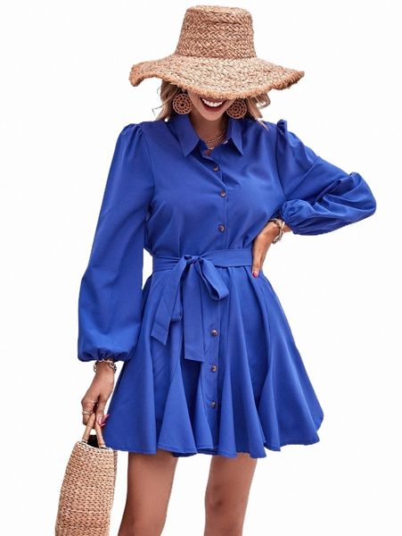 

bishop sleeve belted shirt dress 47wq#, Black;gray