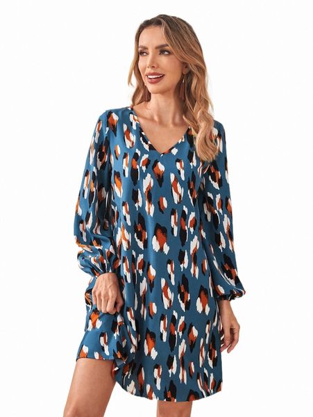 

emery rose allover print lantern sleeve tunic dress e2hb#, Black;gray