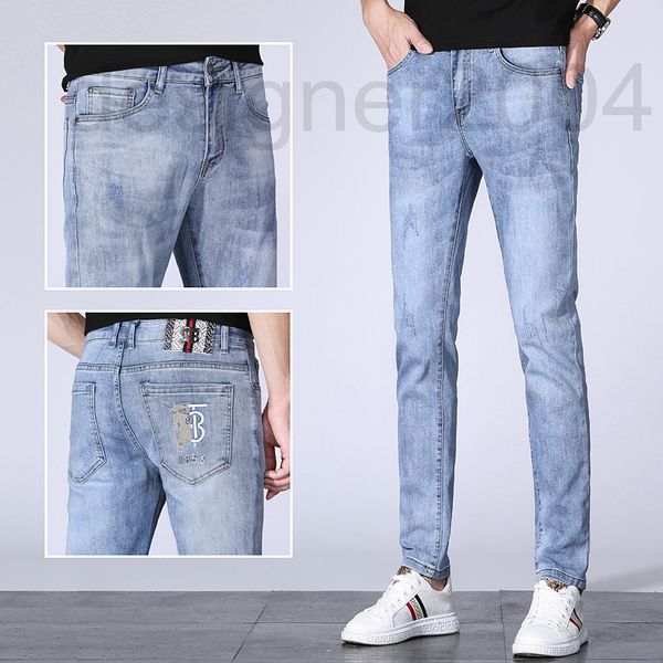 

men's jeans designer trendy brand trendy men's tb spring and summer jeans elastic slim fit small feet embroidery fashion kjg2, Blue