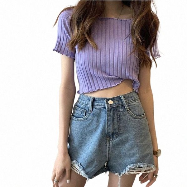 

women's t-shirt women t-shirts off one shoulder crop short sleeve stretchy ruffles hem stripes for korea style q2ek#, White