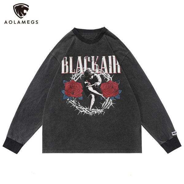 

aolamegs men's sweatshirt abstract rose flower statue graphic print retro long sleeves pullover hip hop high street clothes, Gray