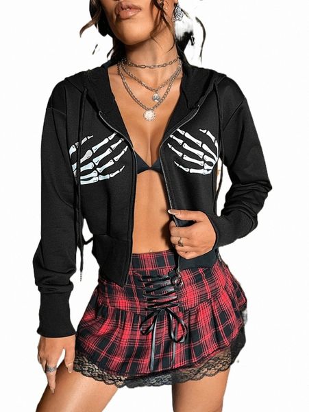 

skeleton print zip up drawstring hoodie 202n#, Black