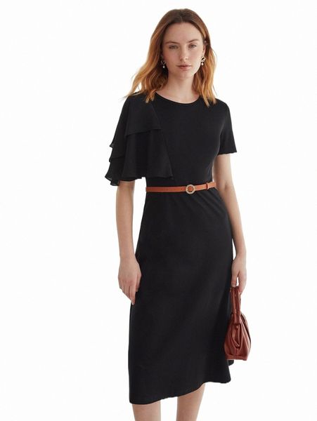 

motf premium 100% cotton flounce sleeve dress without belt d1ra#, Black;gray