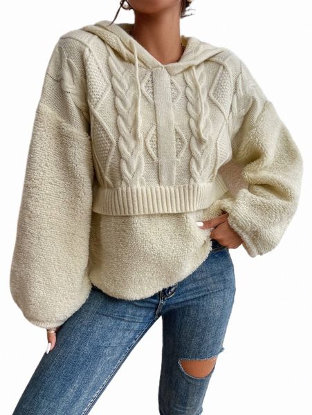 

cable knit drop shoulder drawstring hooded sweater y1az#, White;black