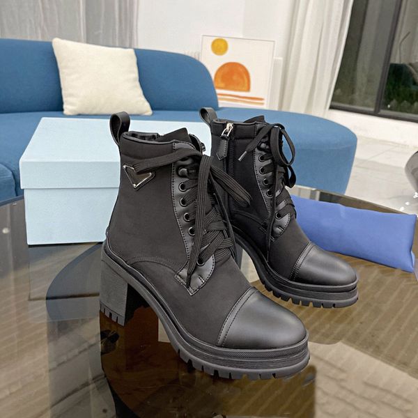 

luxury designer boots for woman triangle martin ankle boot black cowhide nylon chunky heels winter fashion booties eu41