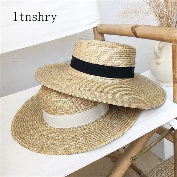 

women natural wheat straw hat ribbon tie 9cm brim boater hat derby beach sun hat cap lady summer wide brim protect hats 220817, Blue;gray
