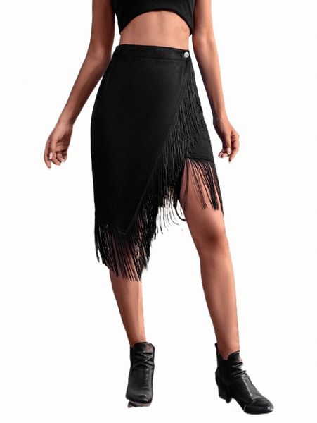 

fringe trim solid asymmetrical skirt 05fh#, Black