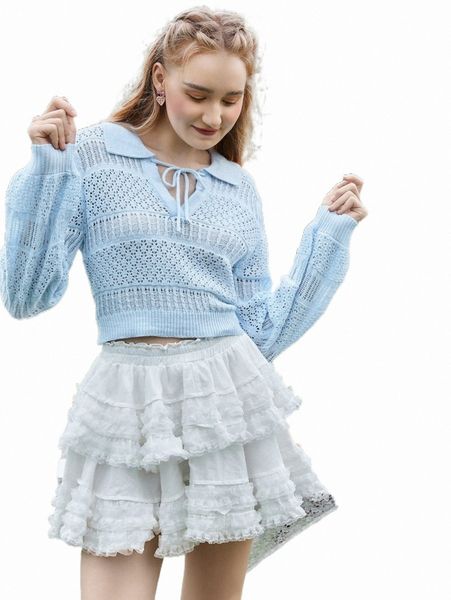 

mod pointelle knit knot front lantern sleeve sweater f1cp#, White;black