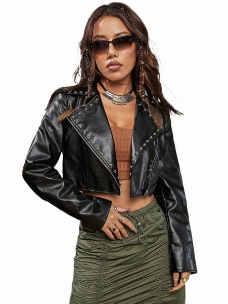 

grunge studded detail zipper crop pu leather biker jacket 84bw#, Black;brown