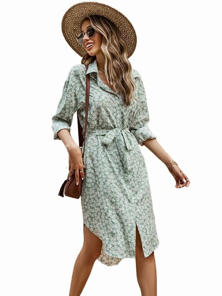 

ditsy floral curved hem belted shirt dress f1tc#, Black;gray