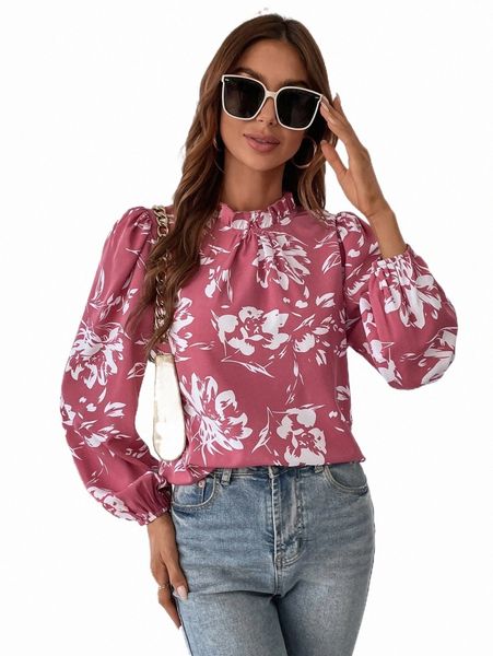 

floral print key hole back blouse s9j1#, White