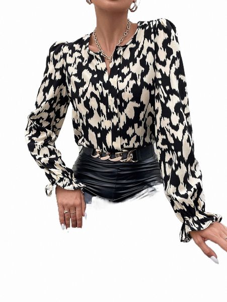 

allover print flounce sleeve blouse k7xy#, White