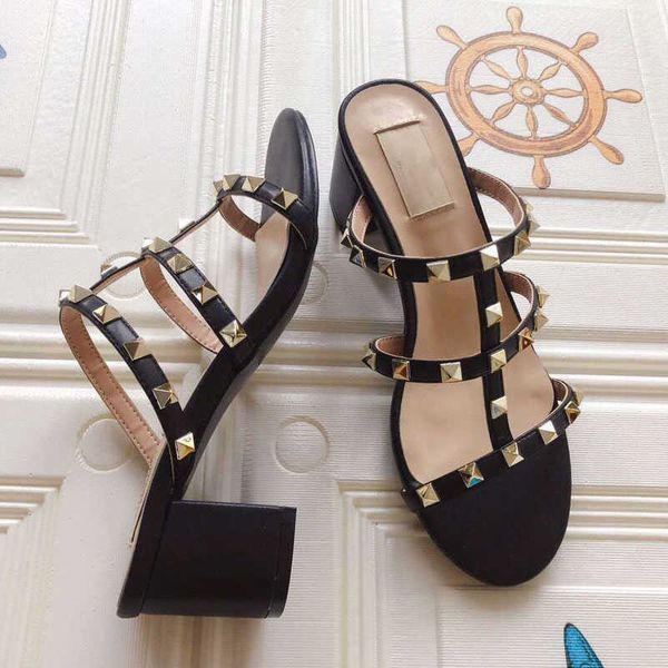 

summer ladies slippers metal studs designer sandals fashion leather beach comfort outer flats, Black