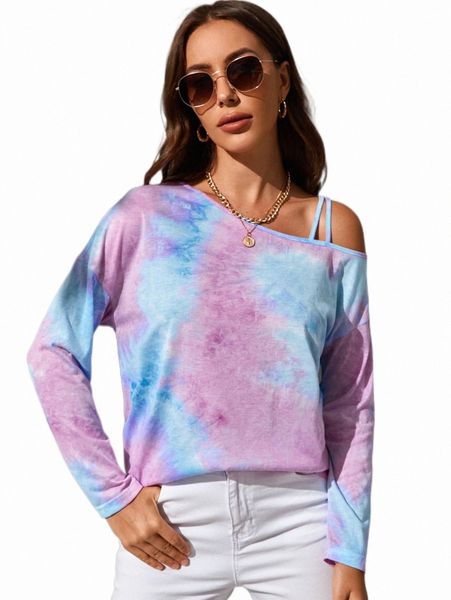 

tie dye asymmetrical neck drop shoulder tee i0tk#, White