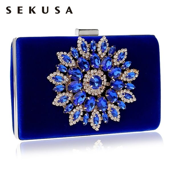 

sekusa flower rhinestones women handbags red black purple gold chain shoulder bags metal day clutches purse wedding wallets 220818