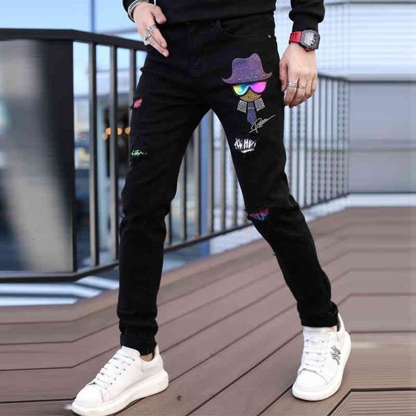 

men's jeans european goods autumn men's slim cut hole jeans korean version personality trend small head drill leg pants 2ppo, Blue