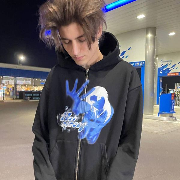 

2022 new streetwear fashion hooded sweatshirt women loose pocket sweater street sports zipper hoodie man cardigan y2k jacket man y220818, Black