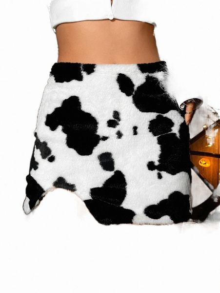 

cow pattern mini flannel skirt m7et#, Black