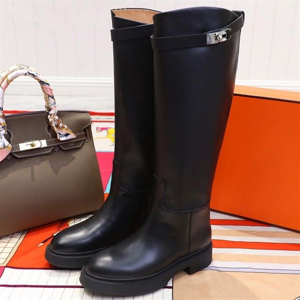 

designer women high boots silver shark buckle thick bottom bootties woman knight boots genuine leather botas mujer winter ladies l234p, Black
