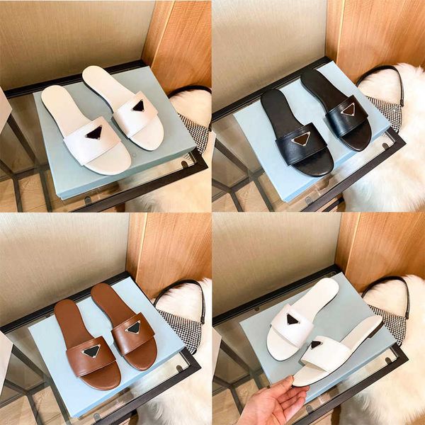 

designer women slippers fashion triangle flat slides summer flip flops genuine leather outdoor loafers bath shoes beachwear black white brow
