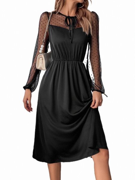 

contrast mesh a-line dress w66j#, Black;gray