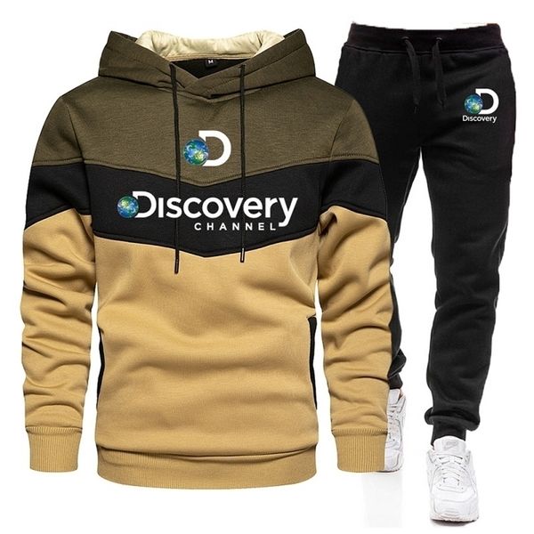 

patchwork discovery channel mens hoodies sweatshirtsweatpants suit autumn winter warm sportswear sets men hoodie pullover 220818, Gray