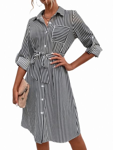 

striped print button front belted shirt dress g7oc#, Black;gray