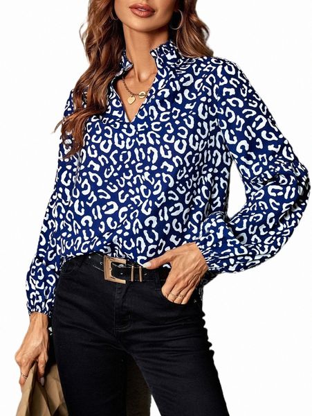 

leopard print lantern sleeve blouse r5c3#, White