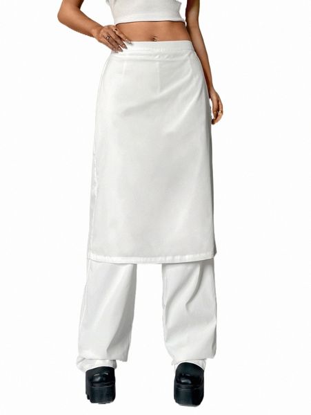 

elastic waist zipper side 2 in 1 pants g1cs#, Black;white