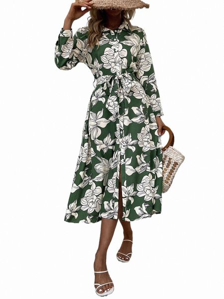 

floral print belted shirt dress z66n#, Black;gray