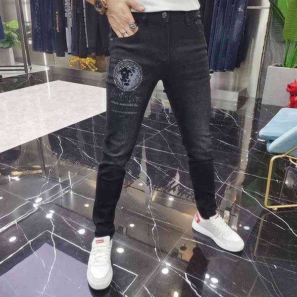 

men's jeans autumn winter fashion brand jeans men's printing diamond fashion slim leggings tu6v, Blue