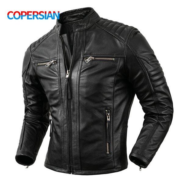 

motorcycle causal vintage leather coat men autumn outfit fashion biker pocket design layer cow jacket 220818, Black;brown