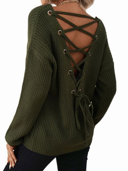 

lace up back drop shoulder sweater f9jx#, White;black