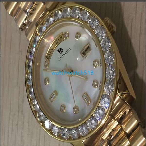 

gw factory womens watch 36mm president 18k gold white mop bigger diamond dial bezel quickset 2y automatic movement mechanical sapphire wrist, Slivery;brown