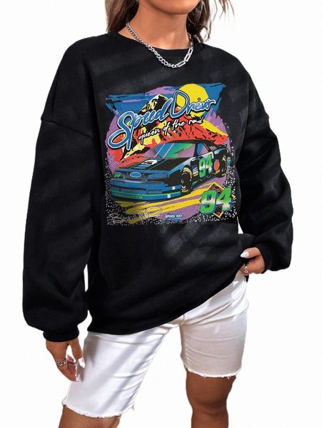 

car & letter graphic drop shoulder pullover m65b#, Black