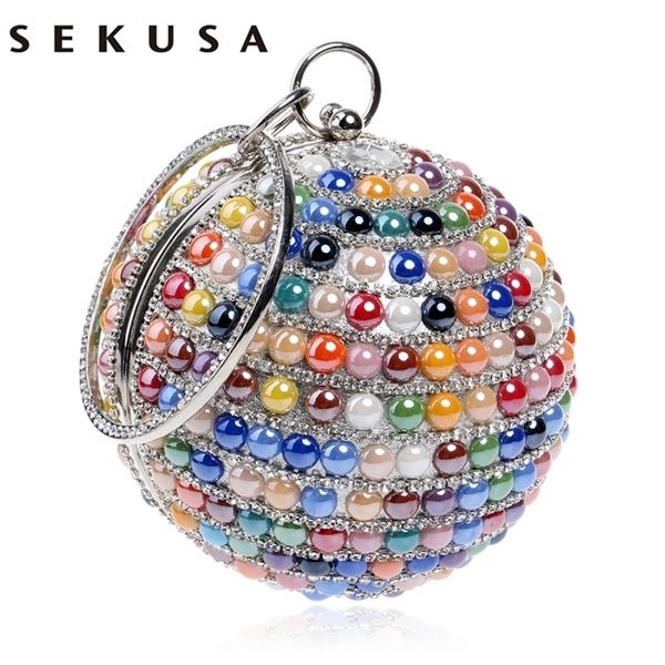 

sekusa ceramics mixed color women handbags with handle metal diamonds evening bags beaded round design party dinner 220818