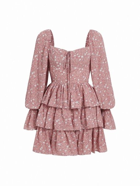 

mod ditsy floral print tie front layer hem dress 31h6#, Black;gray