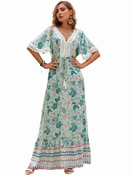 

floral print lace trim drawstring waist dress w4iv#, Black;gray