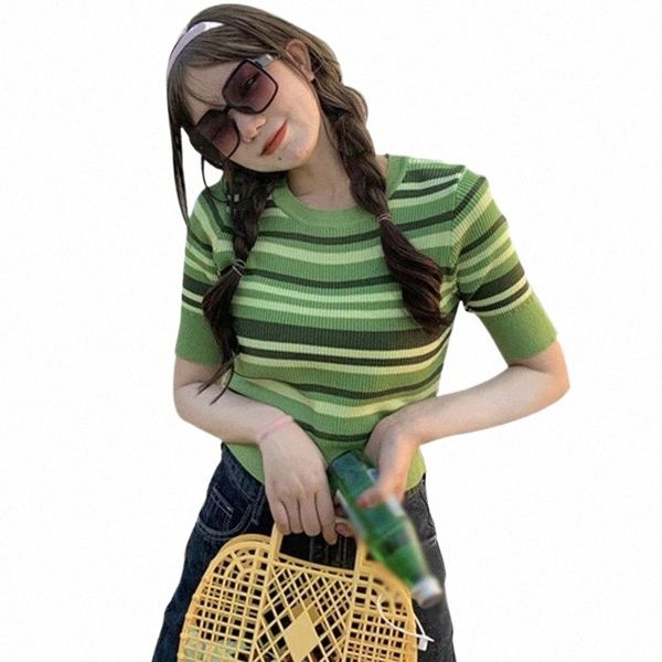 

women's o-neck color tee korean style striped slim casual navel exposed knit short-sleeved t-shirt i8or#, White
