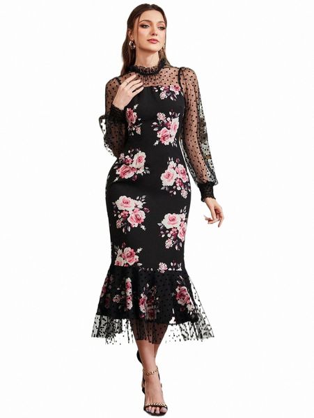 

floral print dobby mesh panel mermaid hem dress 32py#, Black;gray