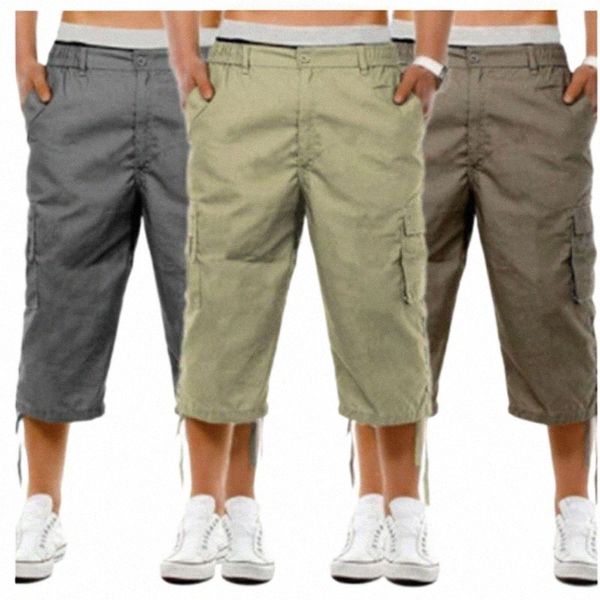 

men's pants men casual cargo shorts 3/4 sport beach elastic waist fashion style trousers with pocket loose wide leg streetwear v071#, Black