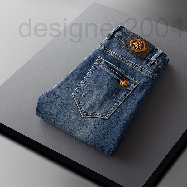 

men's jeans designer european little bee jeans men's hong kong fashion brand korean version elastic slim fit blue washing casual u