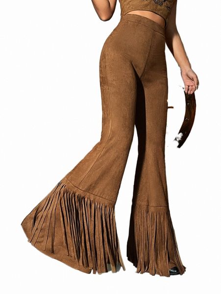 

fringe hem flare leg pants n3x6#, Black;white