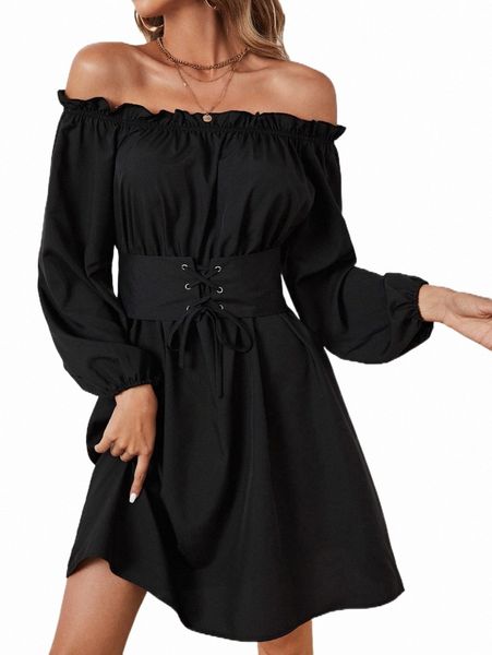 

off shoulder frill trim grommet lace up front dress c2y4#, Black;gray