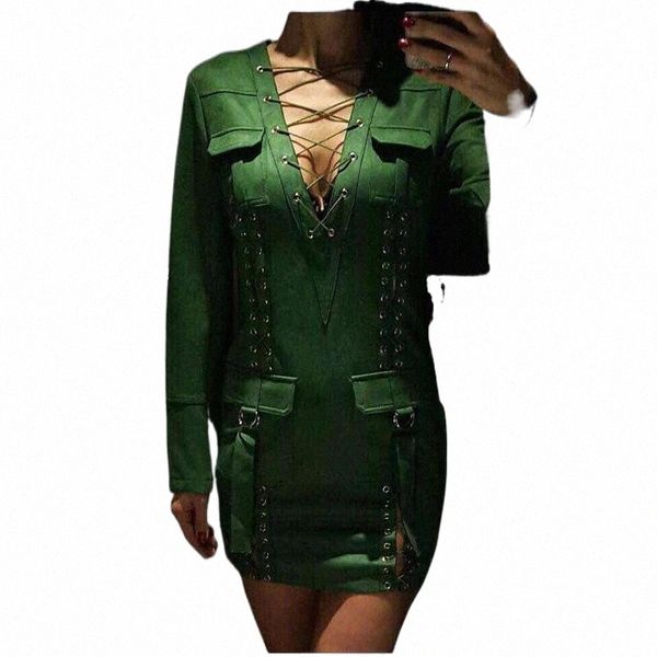 

casual dresses est barocco unique runway dress women's long sleeve deep v lacing retro faux suede r55m#, Black;gray